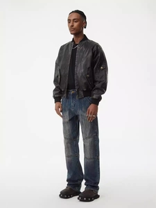 Men Vintage Distressed Patchwork Jeans High Street Washed Blue Straight Leg Loose Denim Pants Casual Streetwear Rugged
