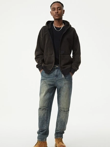 Men Vintage Distressed Loose Jeans Cotton Blend Washed Cargo Denim Pants With Quilted Knee Patches Streetwear Trousers