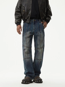 Men's retro distressed straight-leg jeans in vintage blue with contrast stitching