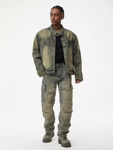 Men American Vintage Heavyweight Denim Loose Straight Leg Multi-Pocket Cargo Pants Distressed Dirty Wash Streetwear Jeans