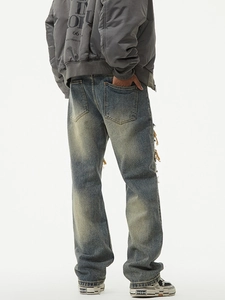 Men's American retro distressed straight jeans with ripped patches and vintage wash