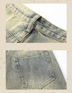Detailed view of vintage acid wash denim fabric with precise stitching and pocket texture