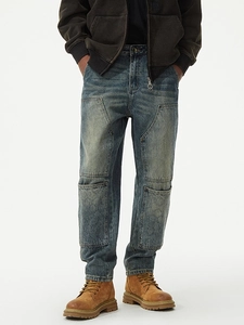 Men's retro washed denim cargo pants with multi-pocket design and quilted details