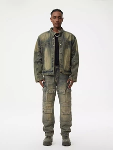 Mens vintage olive wash denim jacket and multi-pocket cargo jeans set in relaxed fit