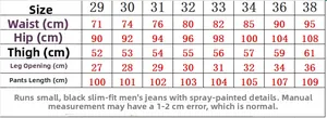 Detailed size chart for men's ripped skinny jeans with measurements in centimeters