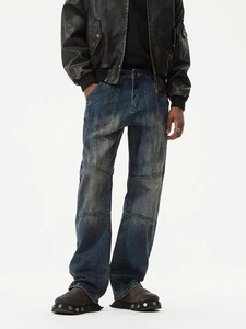 Men's retro distressed straight jeans with vintage wash and patchwork stitching details