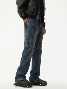 Men's retro loose straight patchwork denim jeans in dark blue wash with unique seam detail