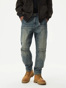 Retro washed blue baggy carpenter jeans for men with double knee quilted patch details