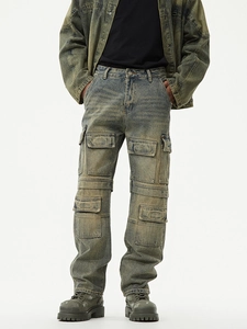 Retro multi-pocket cargo jeans in loose fit with a unique yellow-green washed denim finish