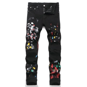 Men's Streetwear Ripped Jeans Denim Paint Splatter Slim Fit Pants Mid Waist Distressed Graphic Graffiti Pants For Men