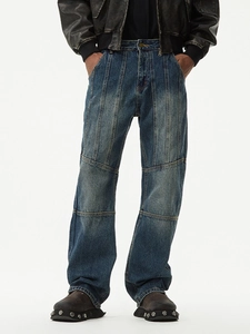 Jean homme patchwork style rétro américain en bleu délavé avec coupe droite et décontractée