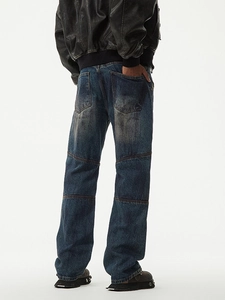 Men's retro distressed straight-leg jeans in dark blue with knee panel detailing