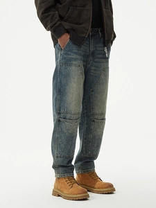 Men's retro loose jeans with double knee patches and distressed heavy wash finish