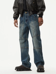 Jean droit bleu foncé pour hommes avec coutures contrastées et détails patchwork rétro