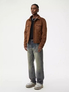 Men's American Retro Washed Straight Leg Jeans Baggy Double Knee Patchwork Denim Pants Vintage Streetwear Cotton Trouser