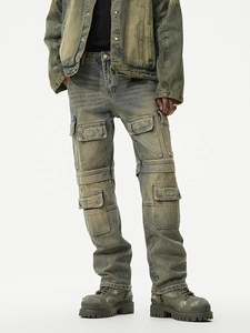 Men's retro yellow-green distressed cargo jeans with multiple pockets in loose fit