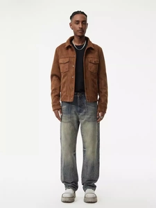 Men's retro wash blue straight-leg jeans with vintage brown suede jacket set