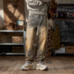 Men American Vintage Distressed Jeans Loose Straight Fit Heavyweight Denim Pants Splatter Paint Mud Wash Workwear Trousers