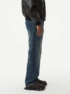 Jean homme rétro coupe droite, bleu délavé vintage avec détails de coutures patchwork