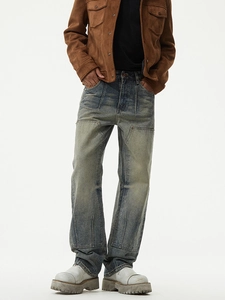 Men's retro loose straight jeans with heavy wash vintage yellow tint and knee patches
