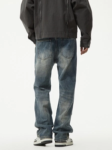 Jean pour homme style rétro américain coupe droite large en denim bleu délavé mode de rue