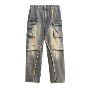 Men's loose patchwork denim jeans with multi-pockets and distressed yellow stitching