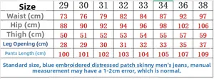 Detailed size chart for men's distressed slim fit jeans including waist and length data
