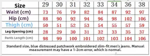 Detailed size chart with waist and hip measurements for blue slim fit stretch denim jeans