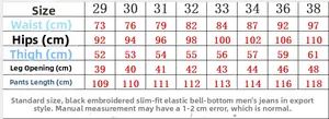 Tableau des tailles détaillé pour jeans homme évasés slim stretch avec broderies