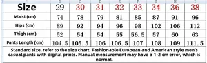 Size chart for men's trendy denim jeans with detailed waist and hip measurements