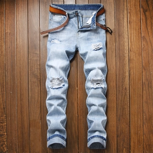 Jeans Déchirés Homme Denim Coton Élasthanne Bleu Clair Délavé Détails Usés Coupe Droite Style Urbain Décontracté Pantalon