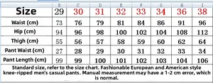 Size chart for men's embroidered jeans showing waist, hip, and length in centimeters
