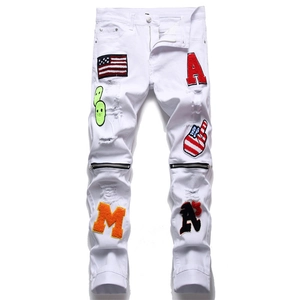 Men's Streetwear White Ripped Denim Jeans Slim Fit Distressed Embroidered Patch Hip Hop Mid Waist Long Pencil Pants