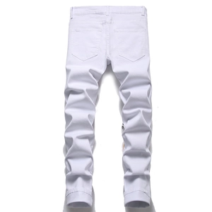 Slim fit men's white denim jeans featuring back pockets and standard belt loops design