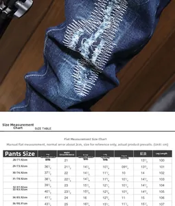 Detailed size chart for street embroidery jeans with specific measurements in cm