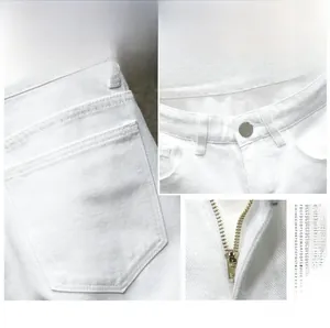 Détails de short en jean blanc avec fermeture éclair en métal, bouton et coutures de poche