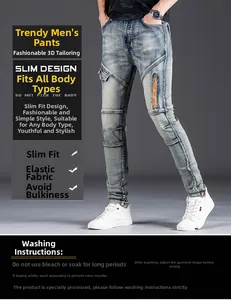 Detailed view of men's slim fit stretch denim jeans with zipper pocket and stitching detail
