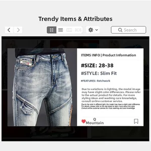 Detail of slim fit men's blue denim jeans featuring patchwork design and washed texture
