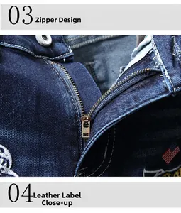 Macro shot of bronze YKK metal zipper and American flag embroidery on dark blue denim