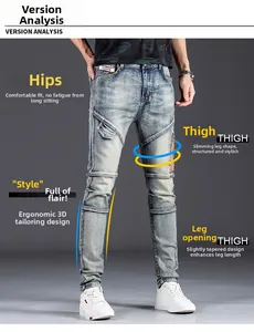 Detail of light blue slim fit jeans featuring ergonomic multi-stitch seams and faded wash