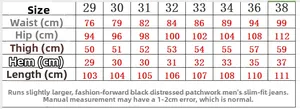 Tabella taglie dettagliata per jeans in denim elasticizzato nero slim da uomo con misure