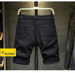 Short en jean noir pour homme style punk en coton avec cinq poches et revers fixes vue dos
