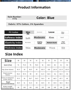 Größentabelle für schmale Herrenjeans aus 97% Baumwolle und 3% Elasthan-Gewebe