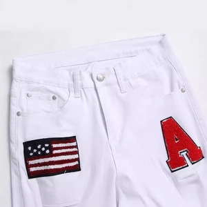 Men's white summer slim jeans with US flag embroidery and red letter A patch detail