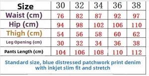 Tableau des tailles détaillé pour jeans slim bleus avec mesures de taille et de hanches