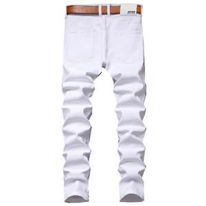 Men's slim-fit white denim jeans with a brown leather belt and embroidery details