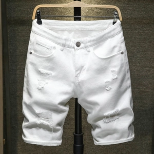 Short en Jean Déchiré pour Homme en Coton Style Punk Décontracté Coupe Droite Cinq Poches Été Mode Jean Short