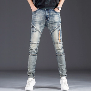Men Slim Fit Patchwork Denim Jeans With Decorative Metal Zippers Washed Indigo Cotton Stretch Streetwear Casual Long Trousers