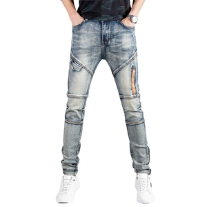 Men's slim fit stretch denim jeans with patchwork details and distressed wash finish