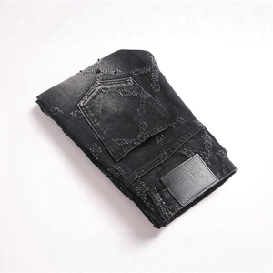 Men's punk black denim jeans with cross embroidery and washed vintage straight fit
